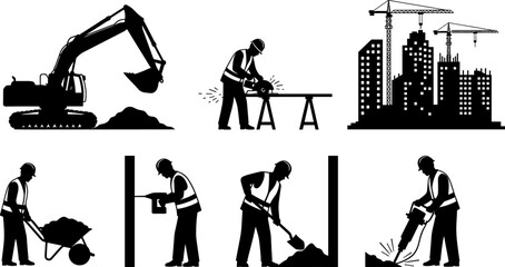 Construction silhouettes featuring excavator, manual labor, urban development, heavy machinery, teamwork, and diverse roles in building and infrastructure projects © uzzala