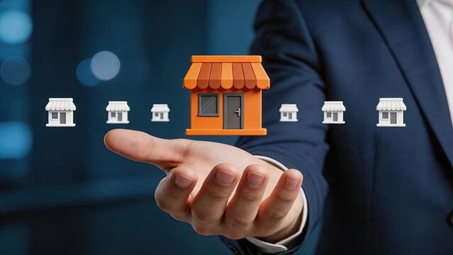 Businessman hand holding large orange shop icon, concept of retail franchise management, commercial property investment, and selecting the best store location for business