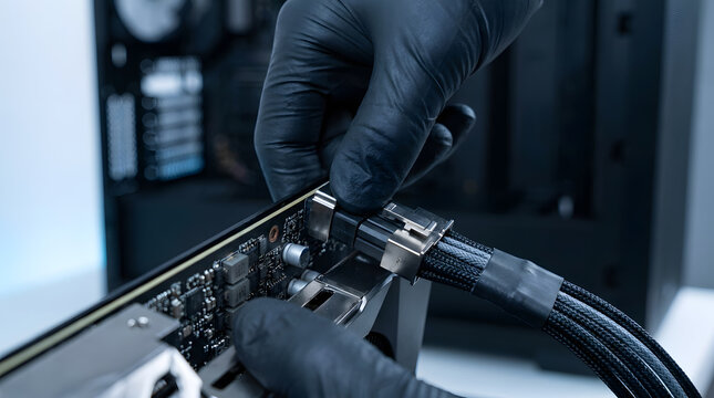 professional technician installing gpu power cable | high performance graphics card assembly | custom gaming pc build process | computer hardware repair with safety gloves