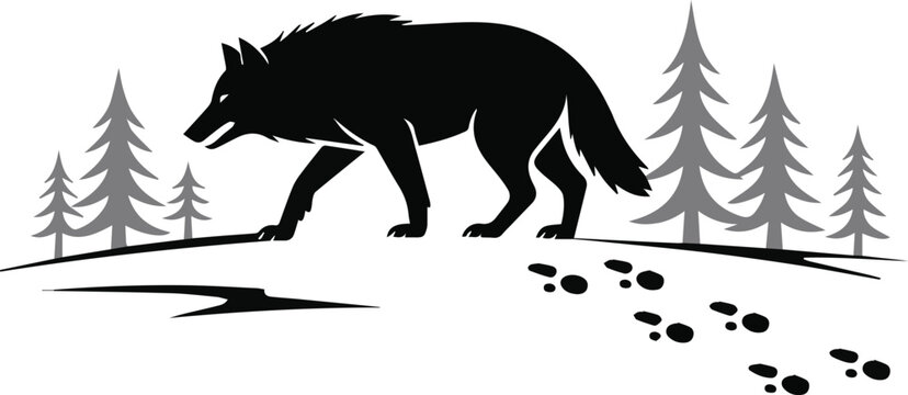 Silhouette of wolf near pine trees and paw trail