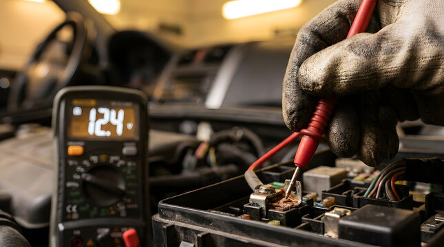 mechanic checking car battery voltage with multimeter | automotive electrical system troubleshooting in workshop | car fuse box inspection with digital tester | professional vehicle maintenance