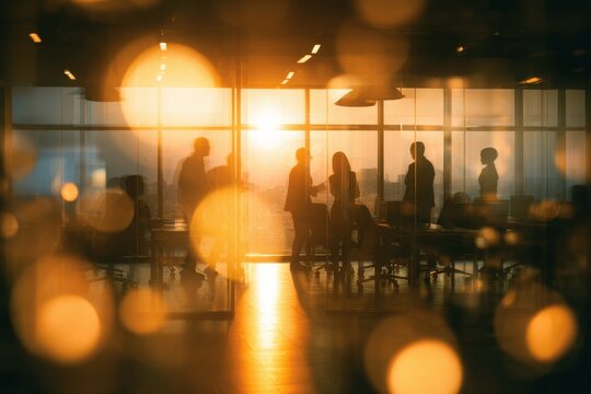 Silhouetted team in a modern office: a double-exposure concept revealing teamwork and partnership with glowing light trails