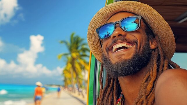 Happy man with dreadlocks wearing straw hat and sunglasses on tropical beach vacation