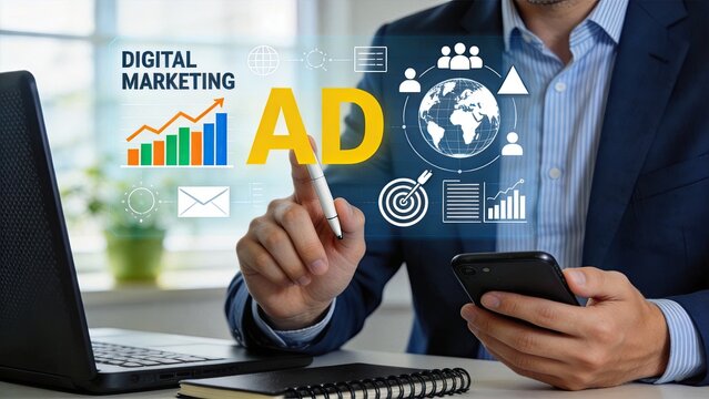 Digital marketing ad campaign strategy visualization with global reach, analytics charts, target audience icons, and performance metrics, showcasing effective advertising
