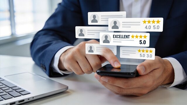 Customer reviews and five star ratings on mobile phone screen, feedback satisfaction and reputation management concept
