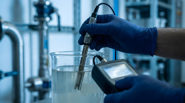 Water quality testing with digital pH meter | Scientist in blue nitrile gloves measuring acidity | Laboratory chemical analysis in industrial plant | Scientific equipment for liquid safety monitoring