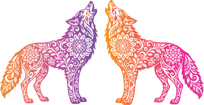 Vibrant wolf duo with intricate floral patterns