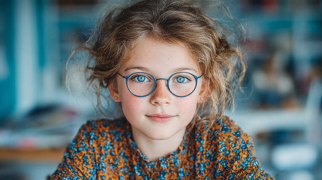 Child with glasses receiving vision therapy in a clinical setting, focused and attentive mood