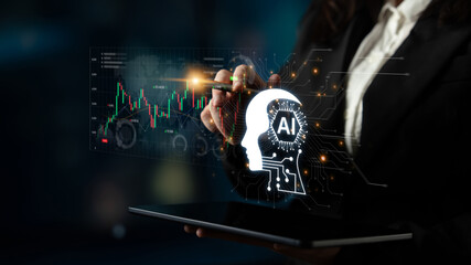 Fototapeta premium Futuristic financial technology concept features automated robot trader, quantitative analytics, and real-time stock market graph. Represents high frequency trading HFT and wealth management. Corpus