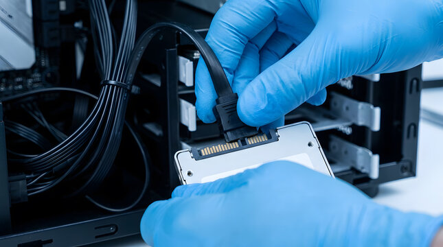 Computer technician installing SSD drive | Upgrading PC hardware for better performance | Hands in gloves connecting SATA cable to solid state drive | Professional computer repair and maintenance 