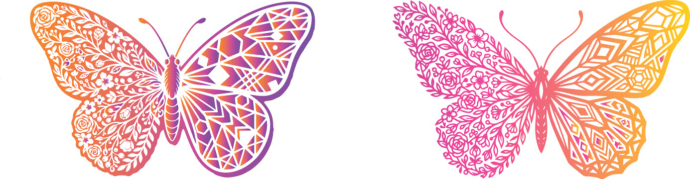Colorful butterfly designs with geometric patterns