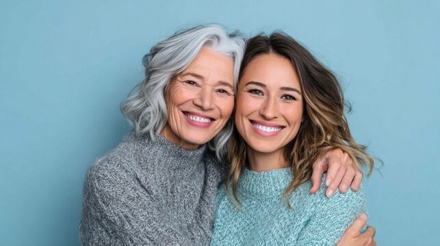 Smiling mother and daughter embrace, showcasing generational bond and happiness against a blue backdrop