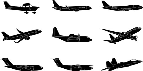 Minimalist black airplane silhouettes collection in grid layout, isolated vector icons showcasing diverse aircraft types for aviation and travel design © uzzala