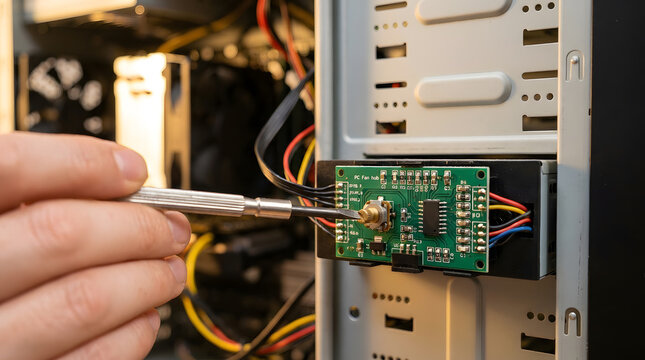 Computer repair technician fixing hardware | Building a custom gaming PC | Close up of electronic circuit board maintenance |Internal computer components and wiring |Troubleshooting PC hardware issue