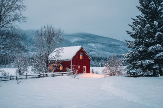 Snowy Vermont Red Barn in a Quiet Winter Landscape