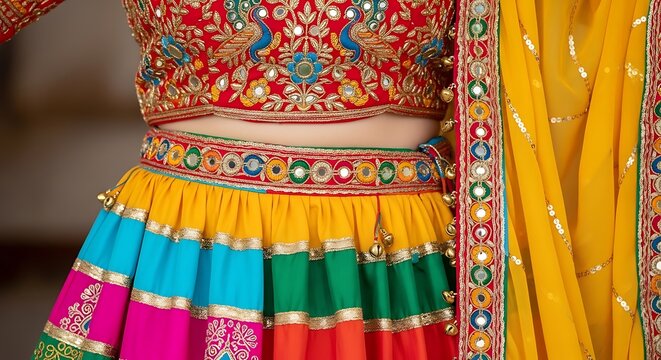 Traditional Indian lehenga choli with vibrant embroidery and mirror work