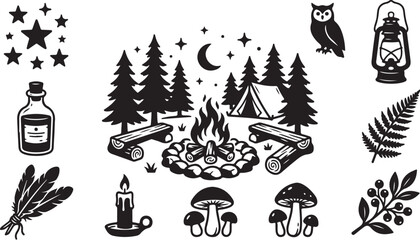 Fototapeta premium Camping in the woods at night illustration