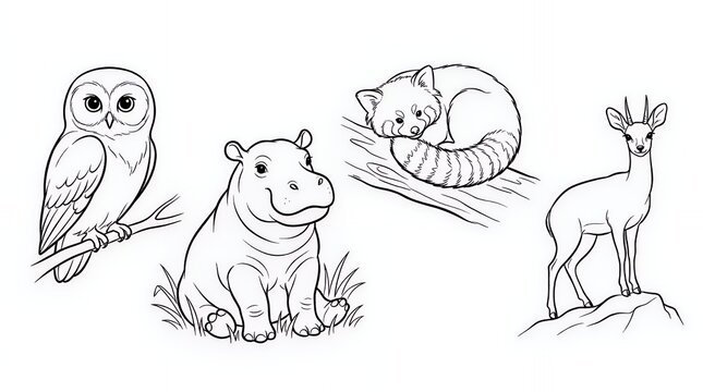 Animals wildlife line art illustration showcasing a cute owl perched on a branch a friendly baby hippo sitting in grass a red panda curled up on a tree branch and a small dik dik standing on a rock Th