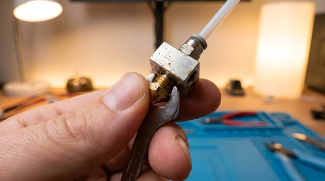 3D printer nozzle replacement guide | repairing a 3D printer hotend assembly | hand tools for 3D printer maintenance | tightening brass nozzle with a wrench | DIY 3D printer repair workshop