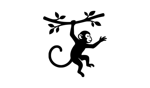 Playful Monkey Hanging from Tree Branch Silhouette Vector Illustration