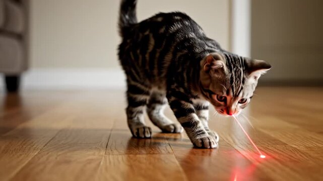 A curious tabby kitten playfully chases a bright red laser pointer beam across a polished wooden floor, captured during daylight indoors with a shallow depth of field highlighting the energetic