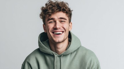 Fototapeta premium Young man with curly hair and a beard laughing heartily in a green hoodie