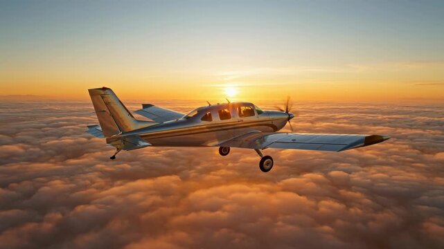 A small airplane gracefully soars through a sea of clouds bathed in the warm glow of a vibrant sunset, creating a breathtaking aerial view.