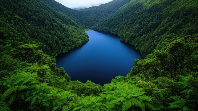 Stunning Blue Volcanic Crater Lake Surrounded by Lush Temperate Rainforest