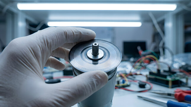 precision motor assembly with encoder disk | electronics engineer installing optical sensor | robotics hardware maintenance and repair | industrial automation sensor calibration