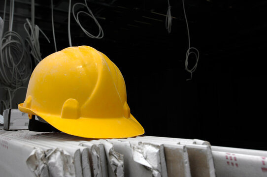 Hard hat on construction site, close-up