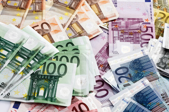 Various Euro bank notes, elevated view