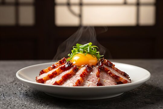 Kapampangan tocino with egg yolk and scallions on a white plate