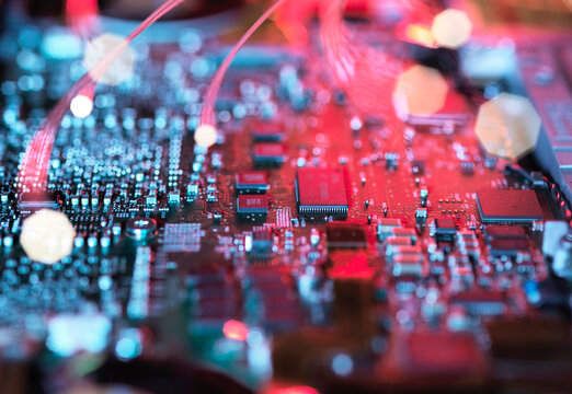 Inside a laptop computer, mother board and electronic components