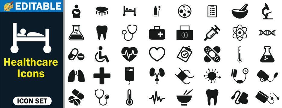 Medical and Healthcare Solid Glyph Icons Set for Hospital Infrastructure