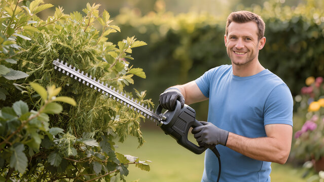 Smiling man trimming green bushes with electric hedge trimmer in garden
