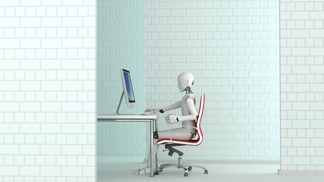 Robot working at desk, 3D Rendering