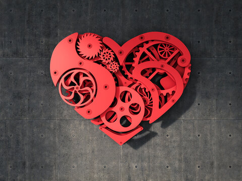 Cogwheel heart hanging on concrete wall