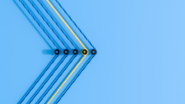 3D rendering, Arrow shape made from colorful threads, showing the direction