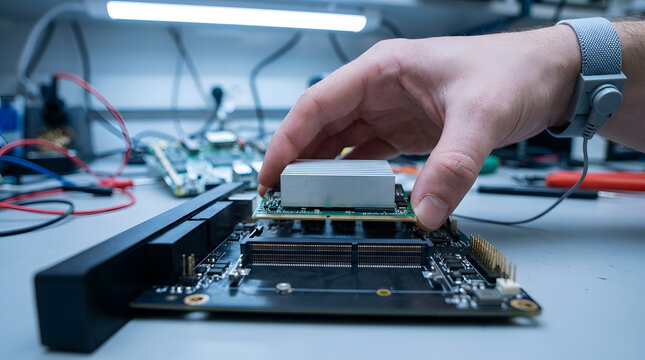 Technician installing a computer module on a motherboard | Electronic hardware assembly in a laboratory | Hand with anti-static wrist strap working on PCB | Hardware engineer repairing electronics