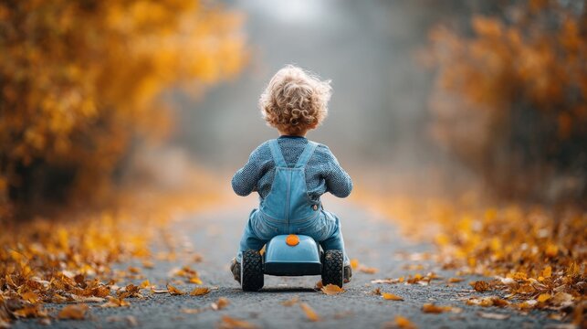 Little child riding a toy motorcycle down a path covered in autumn leaves