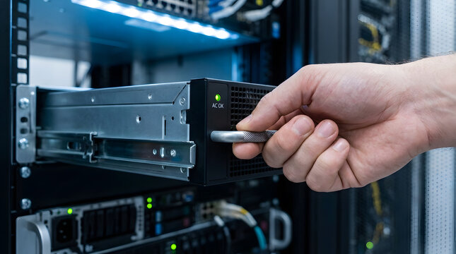 IT technician installing server in data center rack | close up of hand pulling power supply unit | cloud computing infrastructure maintenance | network engineer working in server room