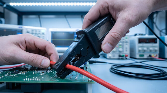 Electronics engineer testing circuit board with clamp meter|Digital current probe measurement on electrical wire|Close-up of hands repairing electronic equipment in laboratory