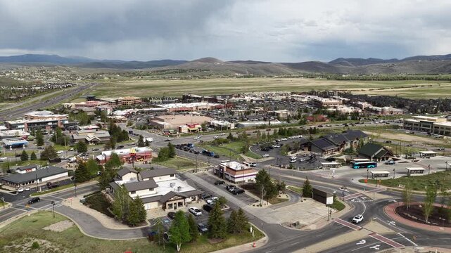 Wide aerial of Kimball Junction mountain town near Park City Utah