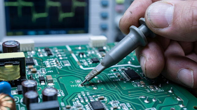 testing electronic components with oscilloscope probe | close up of repairing printed circuit board | engineering technician measuring voltage on motherboard