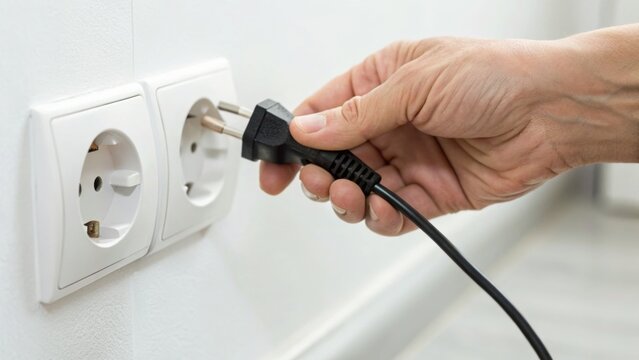 A hand is plugging an electrical cord into a double wall socket on a white textured wall near a countertop edge.
