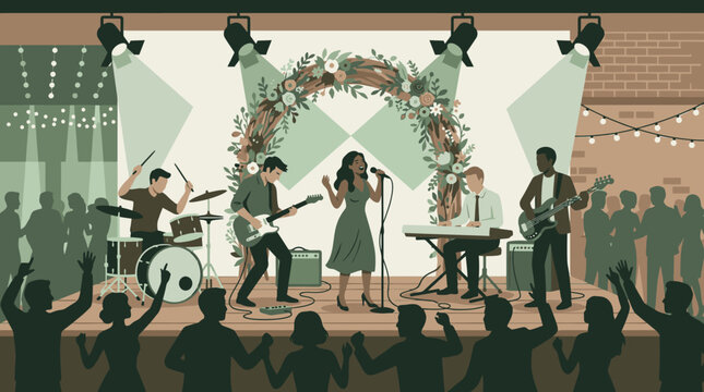 Female Lead Singer With Five Piece Band Performing.