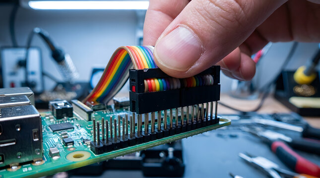 Connecting ribbon cable to Raspberry Pi GPIO pins|DIY electronics assembly and hardware prototyping|Hand plugging rainbow jumper cable into circuit board|Microcomputer hardware maintenance