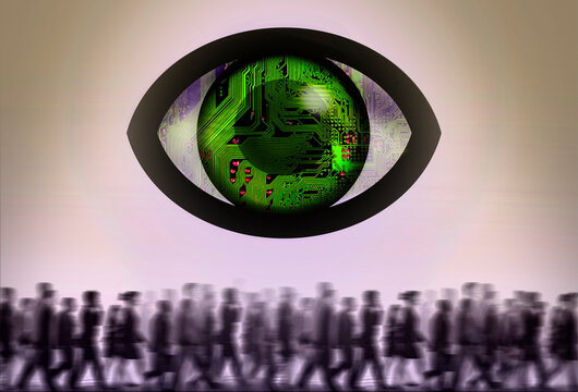 Electronic eye surveilling crowd of people