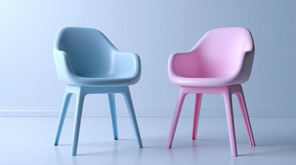 Obraz premium Minimal pastel chairs in blue and pink tones placed in modern clean interior setting.
