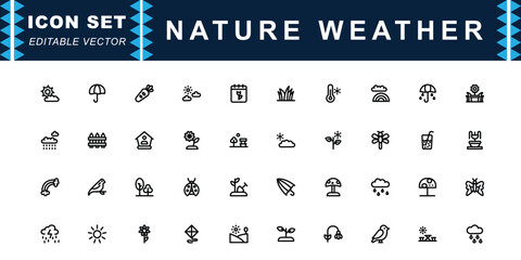 Fototapeta premium Nature Weather icon set. Contains icons of Rainbow, Umbrella, Flower, Sun, Rain, Bird and more. Editable stroke. Vector illustration. 